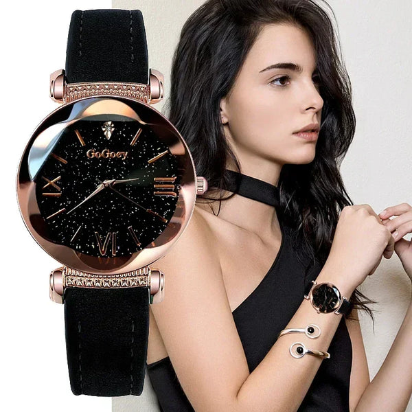 Damen-Armbanduhr mit Lederband, Sternenmotiv