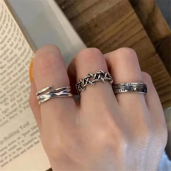 LATS Vintage Pink Roman Numerals Cool Rings Set Rock Hip Hop Twist Geometry Open Ring Fashion Ins Jewelry Gifts