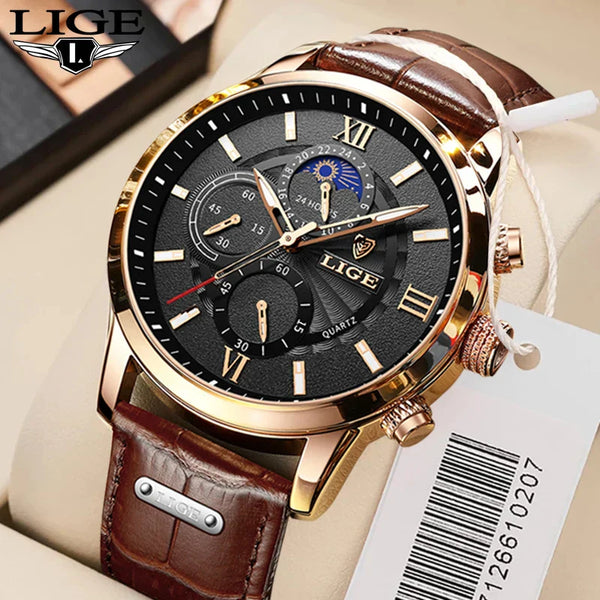 Herren Chronograph – Luxus Quarz-Armbanduhr mit Mondphase &